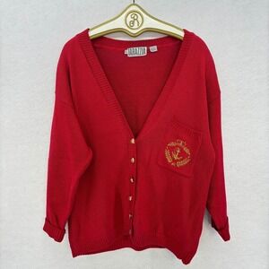 Vintage Tarazzia Red Crest Cardigan Sweater LARGE Gold Buttons Preppy Academia